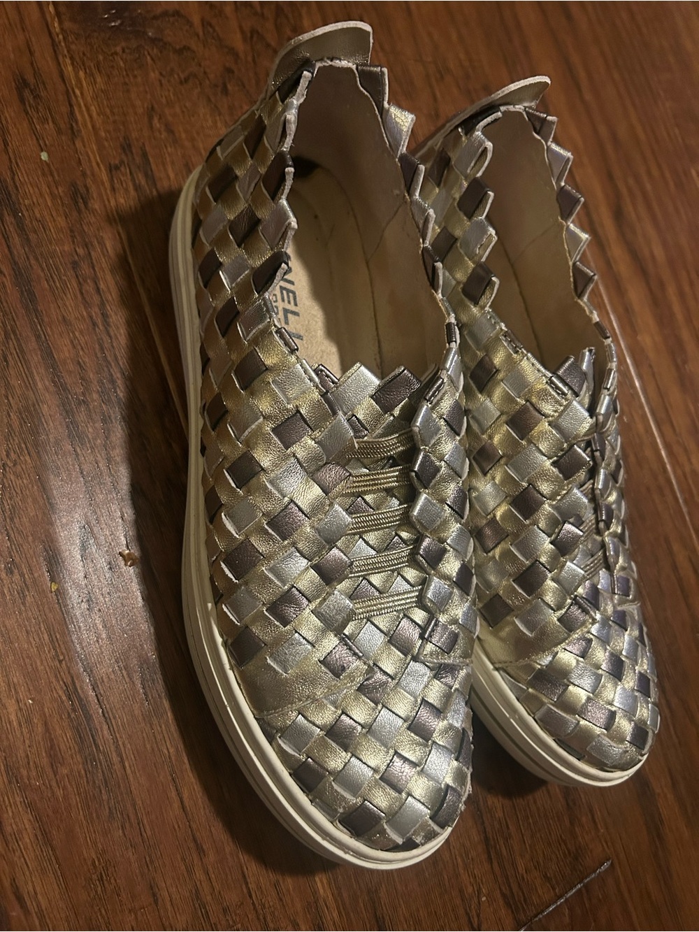 Vaneli Sport woven metallic slip-on sneakers in gold and silver tones. Size 7